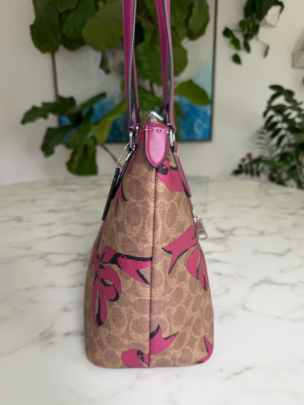 Coach Gallery Tote Bag In Signature Canvas With Bow Print CZ174 Tan Pink Multi - Picture 5 of 12